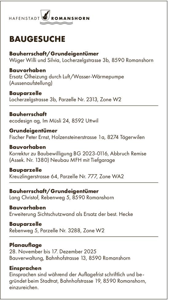 BAUGESUCHE vom 28. November bis 17. Dezember 2025, Hafenstadt Romanshorn