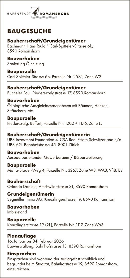 BAUGESUCHE vom 16. Januar bis 4. Februar 2026, Hafenstadt Romanshorn