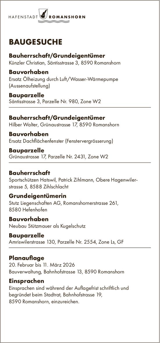 BAUGESUCHE vom 20. Februar bis 11. März 2026, Hafenstadt Romanshorn