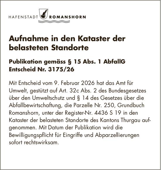 Sonstiges, Hafenstadt Romanshorn, Aufnahme in den Kataster der belasteten Standorte