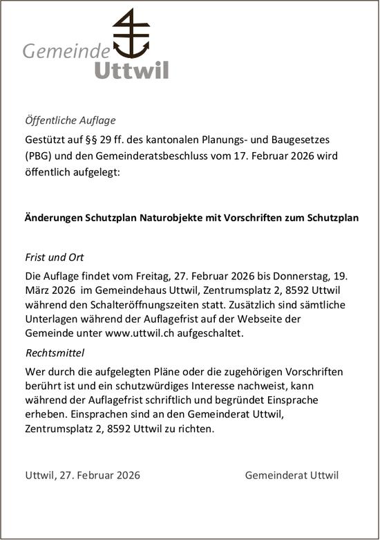 Sonstiges, Gemeinde Uttwil, Änderungen Schutzplan Naturobjekte mit Vorschriften zum Schutzplan