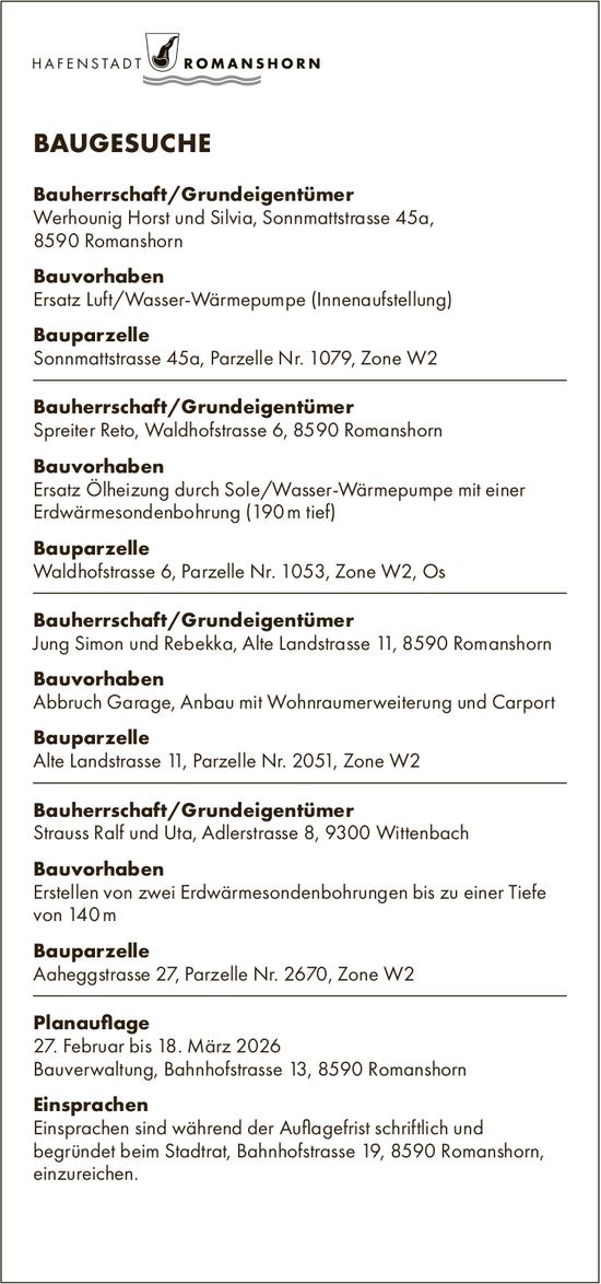 Baugesuche, Hafenstadt Romanshorn, Bauherrschaft/Grundeigentümer