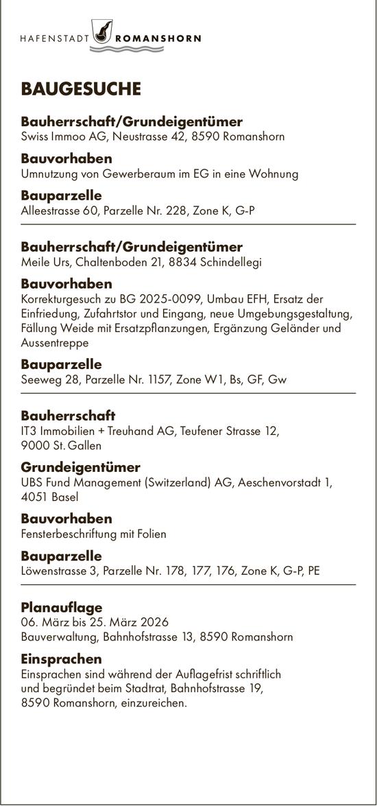 Baugesuche von 06. März bis 25. März, Hafenstadt Romanshorn