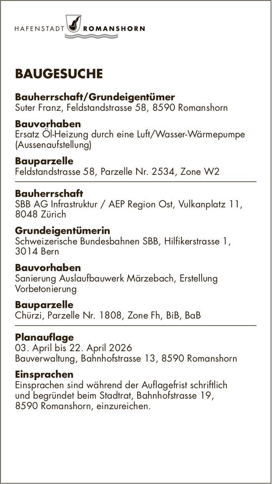 BAUGESUCHE, 3. April bis 22. April 2026