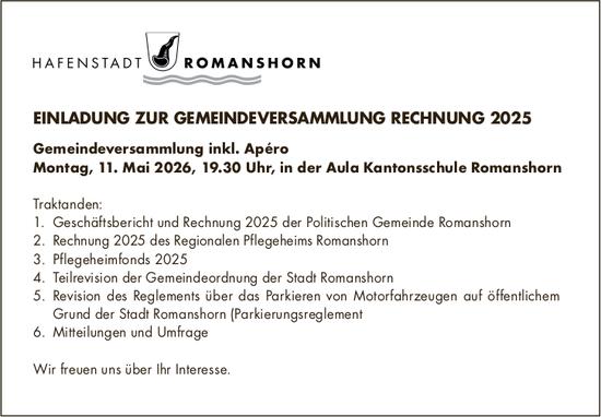 EINLADUNG ZUR GEMEINDEVERSAMMLUNG RECHNUNG 2025, 11. Mai, Aula Kantonsschule Romanshorn