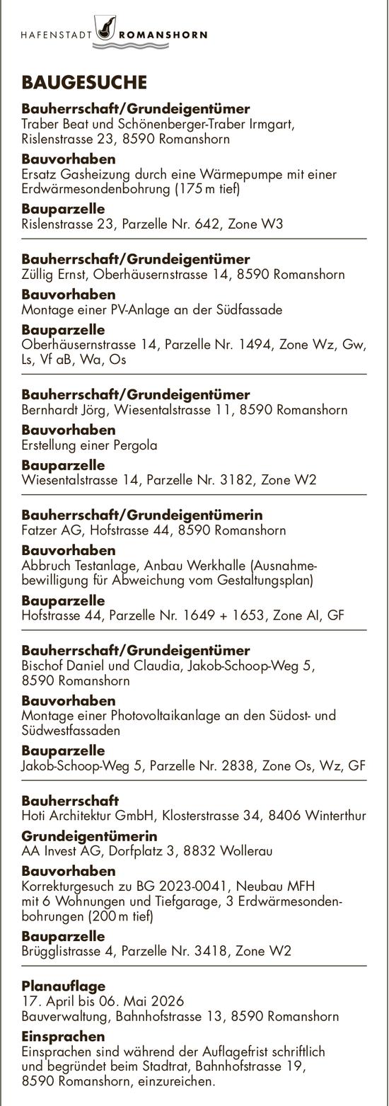 Baugesuche, HAFENSTADT ROMANSHORN, 17. April bis 6. Mai 2026, Bauherrschaft/Grundeigentümer