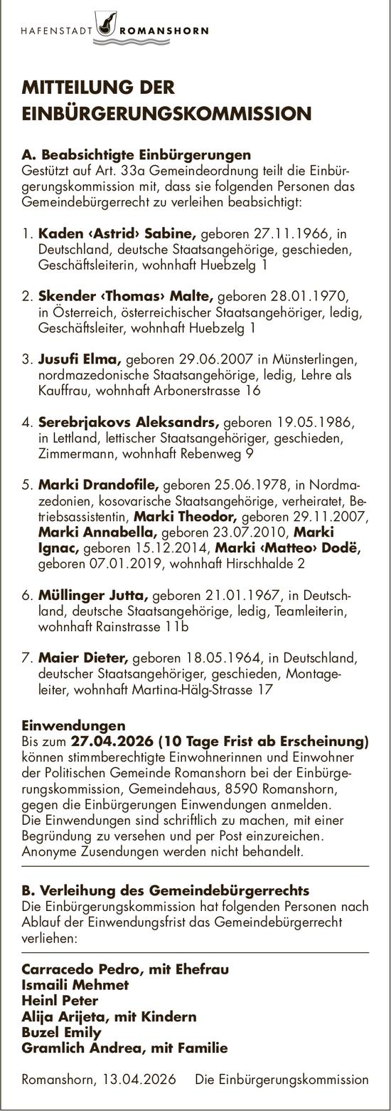 Sonstiges, Hafenstadt Romanshorn, MITTEILUNG DER EINBÜRGERUNGSKOMMISSION