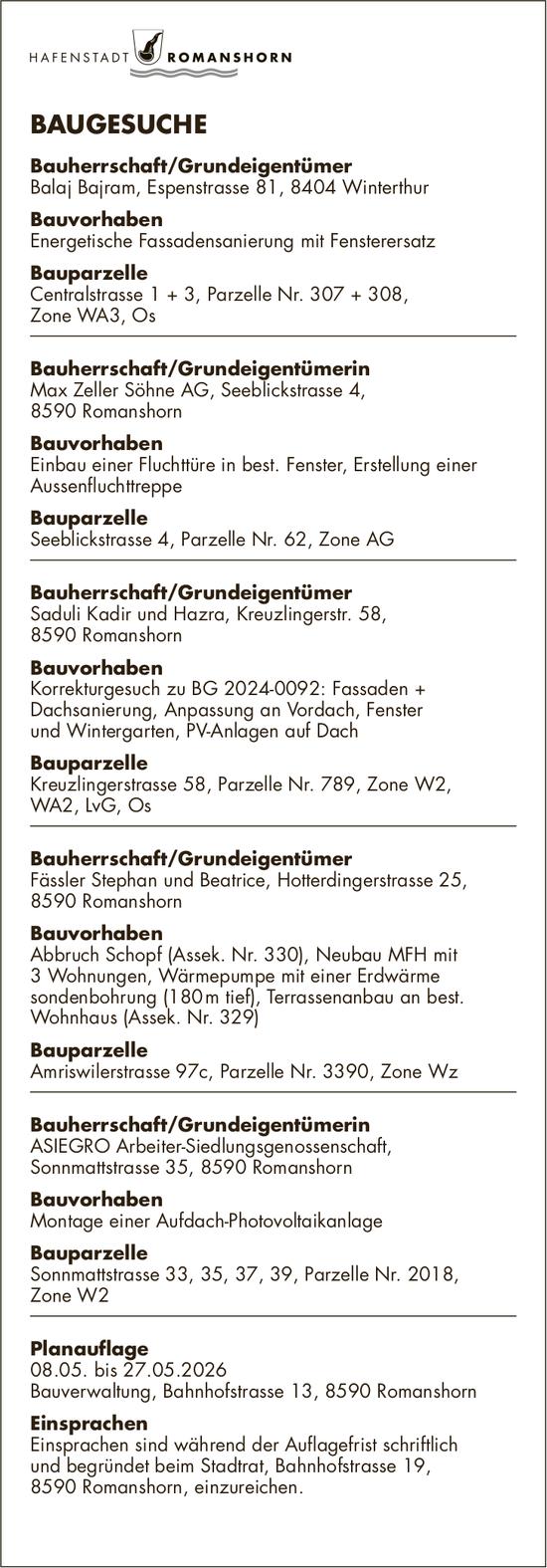 Baugesuche, 08.05. bis 27.05.2026, Stadt Romanshorn, Bauherrschaft/Grundeigentümer