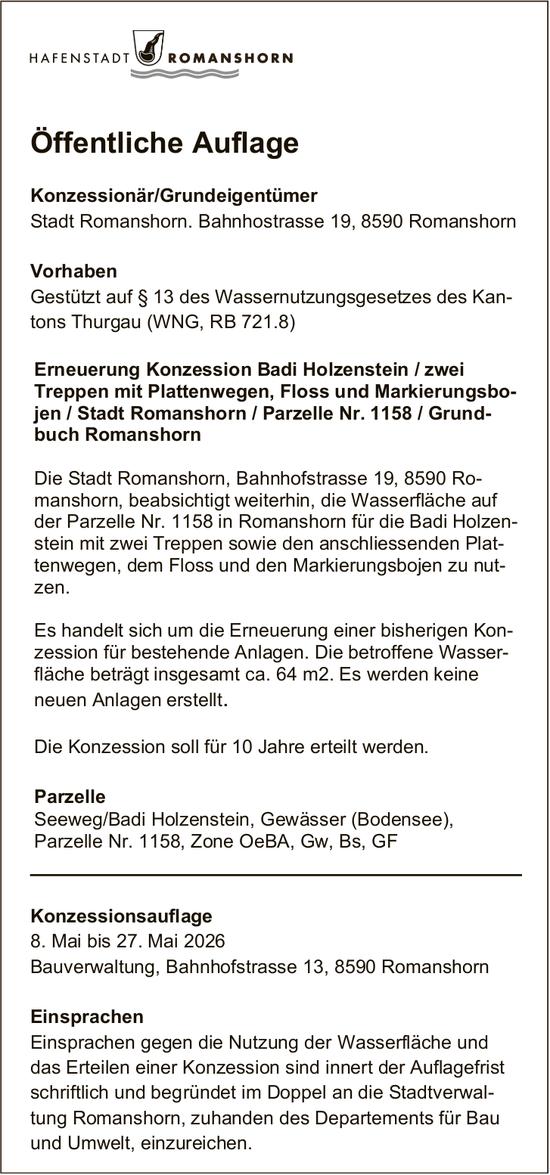 Sonstiges, Stadt Romanshorn, Erneuerung Konzession Badi Holzenstein / zwei Treppen mit Plattenwegen, Floss und Markierungsbojen / Stadt Romanshorn / Parzelle Nr. 1158 / Grundbuch Romanshorn
