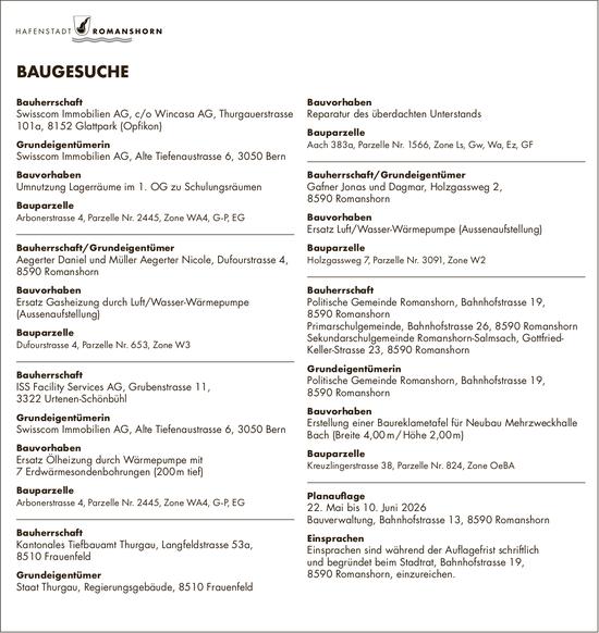 Baugesuche, 22. Mai bis 10. Juni, Hafenstadt Romanshorn, Bauherrschaft