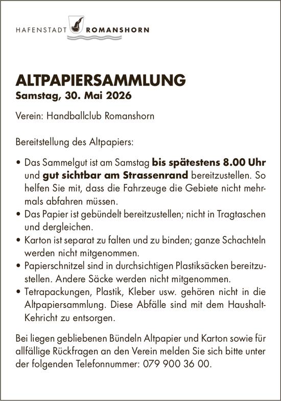 Gemeinde, 30. Mai 2026: Altpapiersammlung