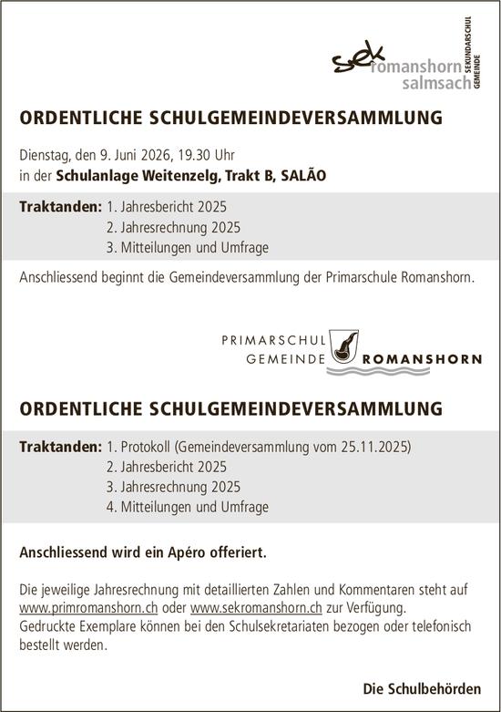 ORDENTLICHE SCHULGEMEINDEVERSAMMLUNG, 9. Juni, Schulanlage Weitenzelg, Trakt B, SALÃO, Romanshorn