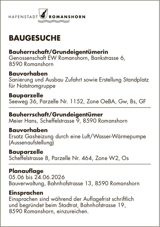 Baugesuche, 5. Juni bis 24. Juni 2026, Hafenstadt Romanshorn, Bauherrschaft/Grundeigentümerin