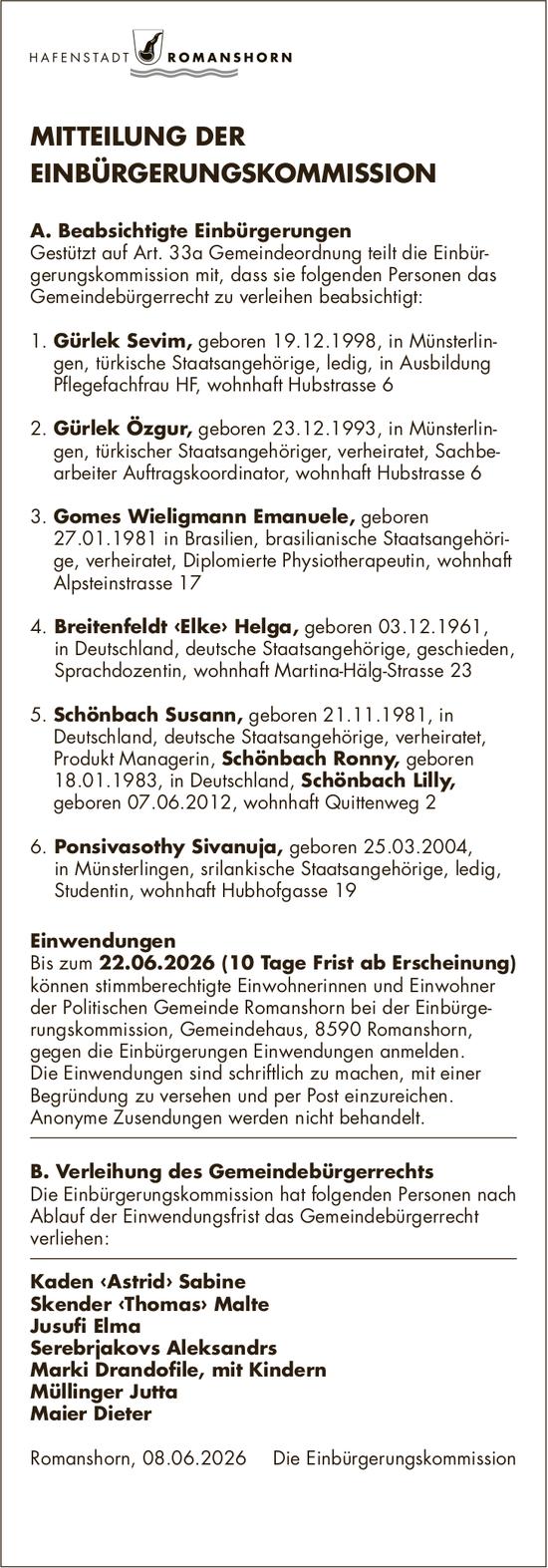 Sonstiges, Hafenstadt Romanshorn, MITTEILUNG DER EINBÜRGERUNGSKOMMISSION