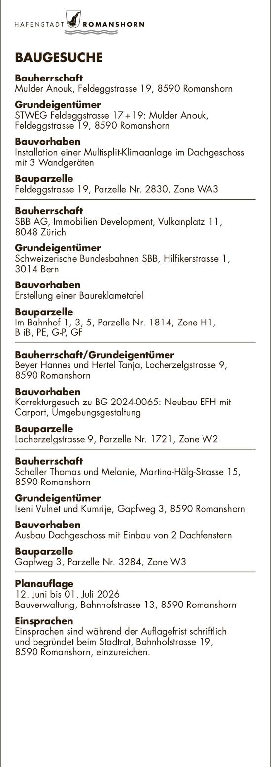 Baugesuche, 12. Juni bis 1. Juli, Hafenstadt Romanshorn, Bauherrschaft