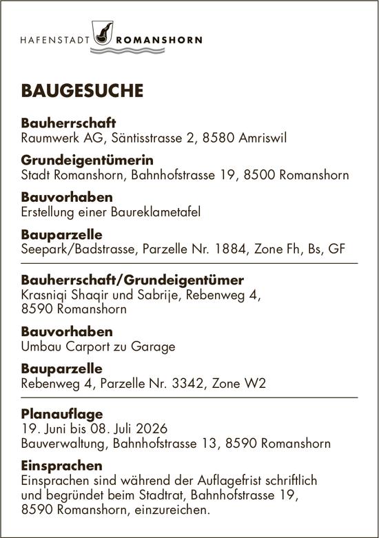 Hafenstadt Romanshorn, 19. Juni bis 8. Juli 2026, BAUGESUCHE