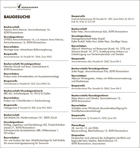 Baugesuche, 26. Juni bis 15. Juli 2026, Hafenstadt Romanshorn, Bauherrschaft