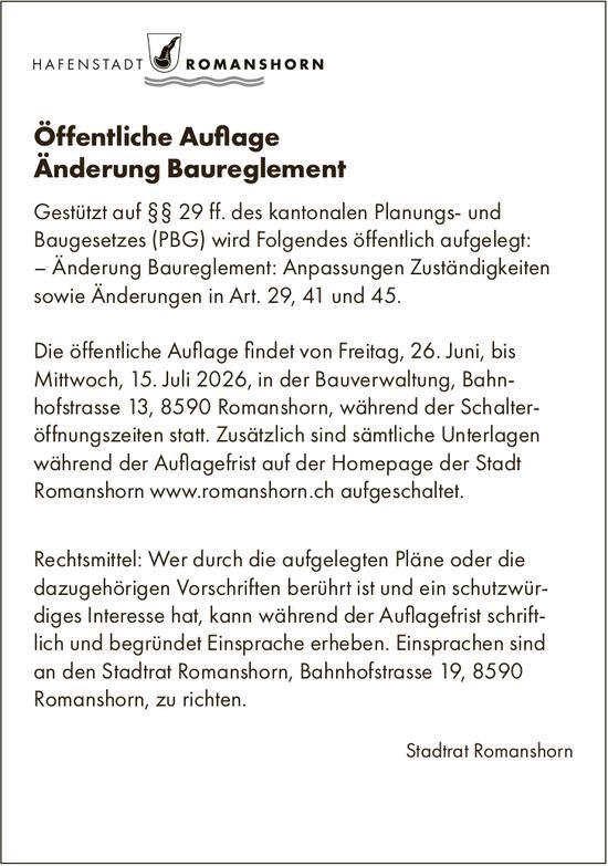 Baugesuche, 26. Juni bis 15. Juli 2026, Hafenstadt Romanshorn, Öffentliche Auflage