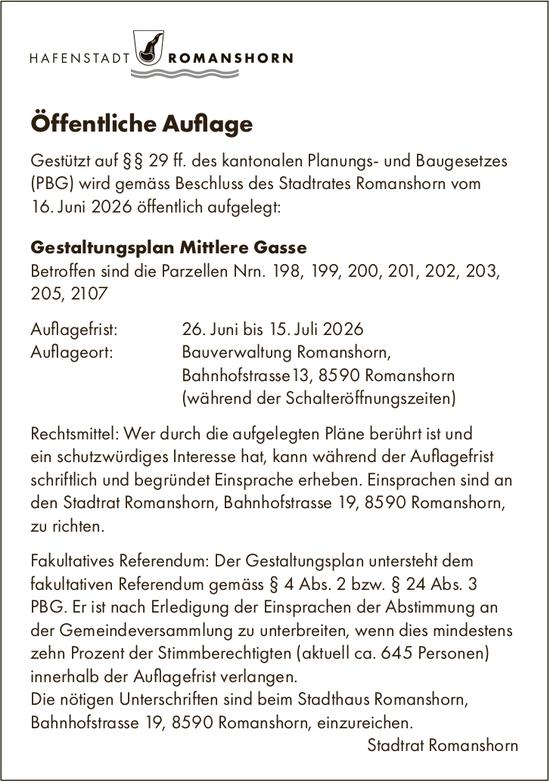 Sonstiges, 26. Juni bis 15. Juli 2026, Hafenstadt Romanshorn, Öffentliche Auflage Änderung Baureglement