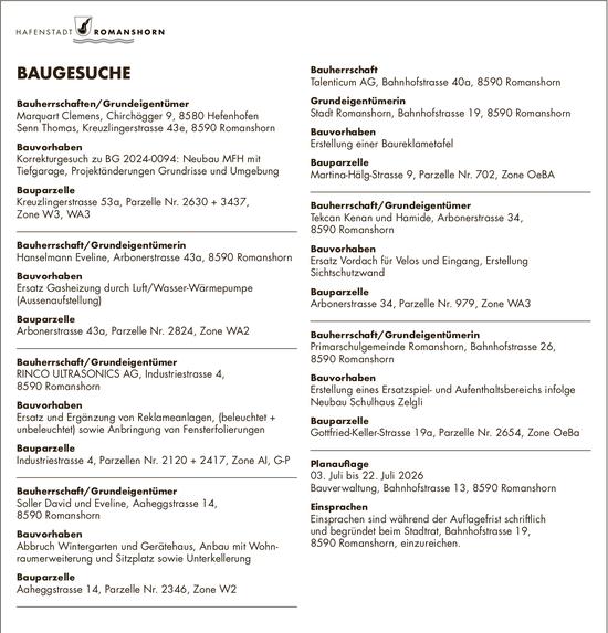 Baugesuche, 3. Juli bis 22. Juli, HAFENSTADT ROMANSHORN, Bauherrschaften/Grundeigentümer