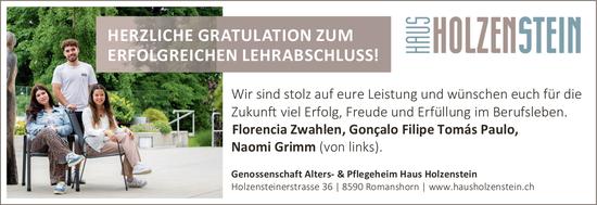 Genossenschaft Alters- & Pflegeheim Haus Holzenste, Romanshorn - HERZLICHE GRATULATION ZUM ERFOLGREICHEN LEHRABSCHLUSS!