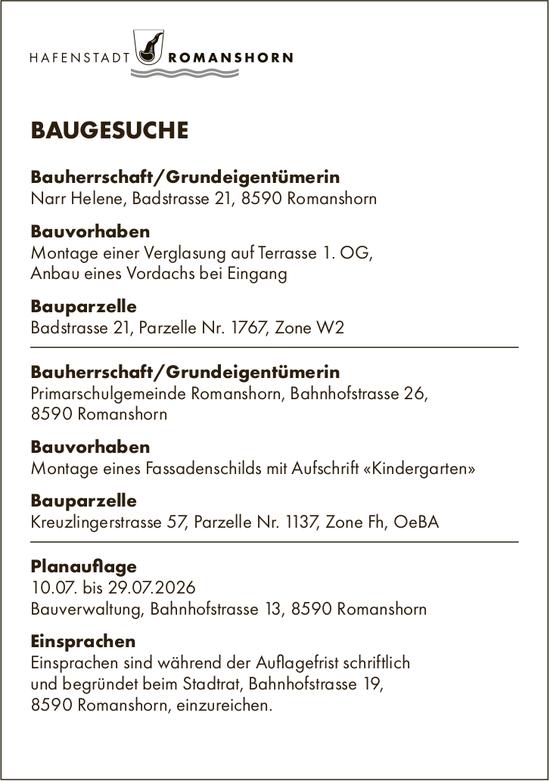 Baugesuche, 10. bis 29. Juli 2026, HAFENSTADT ROMANSHORN, Bauherrschaft/Grundeigentümerin