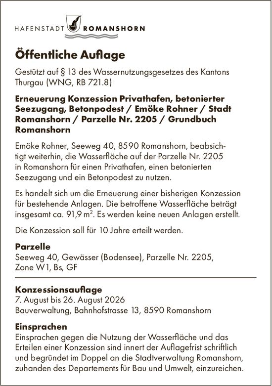 Sonstiges, Hafenstadt Romanshorn, Öffentliche Auflage