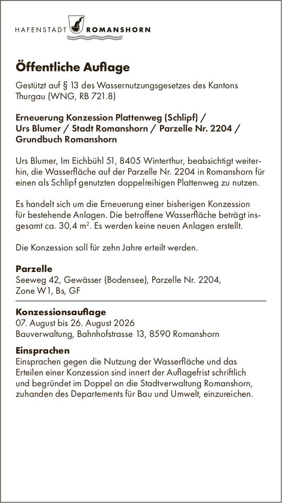 Sonstiges, Hafenstadt Romanshorn, Öffentliche Auflage