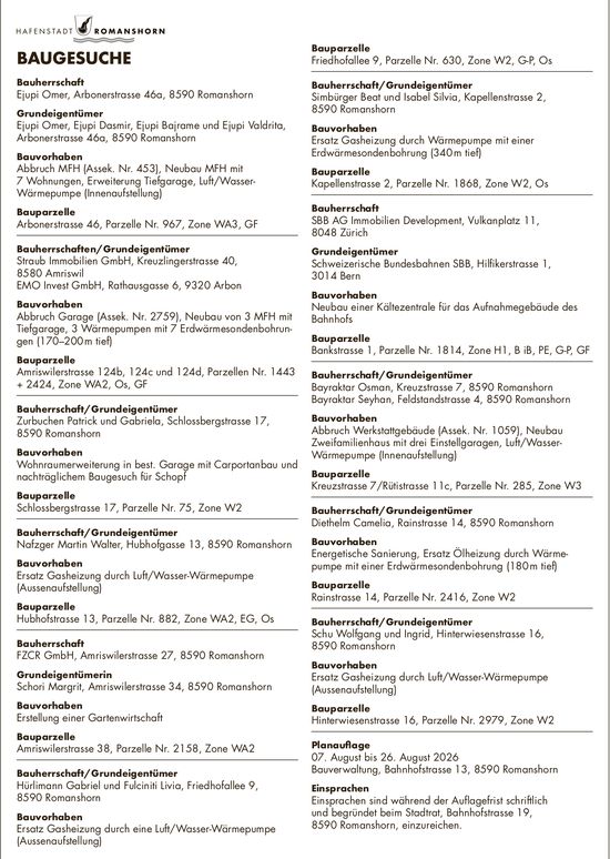 Baugesuche, 7. bis 26. August 20026, HAFENSTADT ROMANSHORN, Bauherrschaft