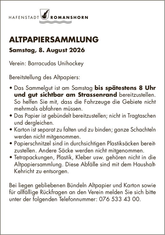 Sonstiges, Hafenstadt Romanshorn, ALTPAPIERSAMMLUNG, Samstag 8. August 2026