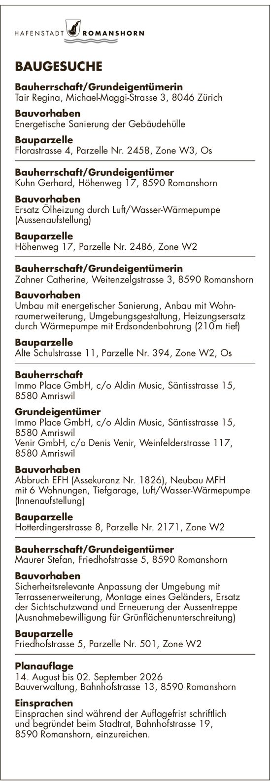 HAFENSTADT ROMANSHORN, 14. August bis 2. September 2026, BAUGESUCHE