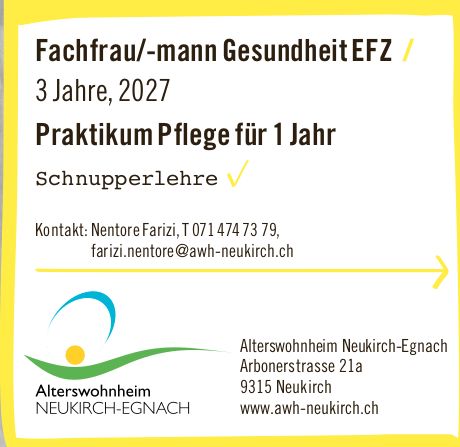 Alterswohnheim Neukirch-Egnach, Fachfrau/-mann Gesundheit EFZ