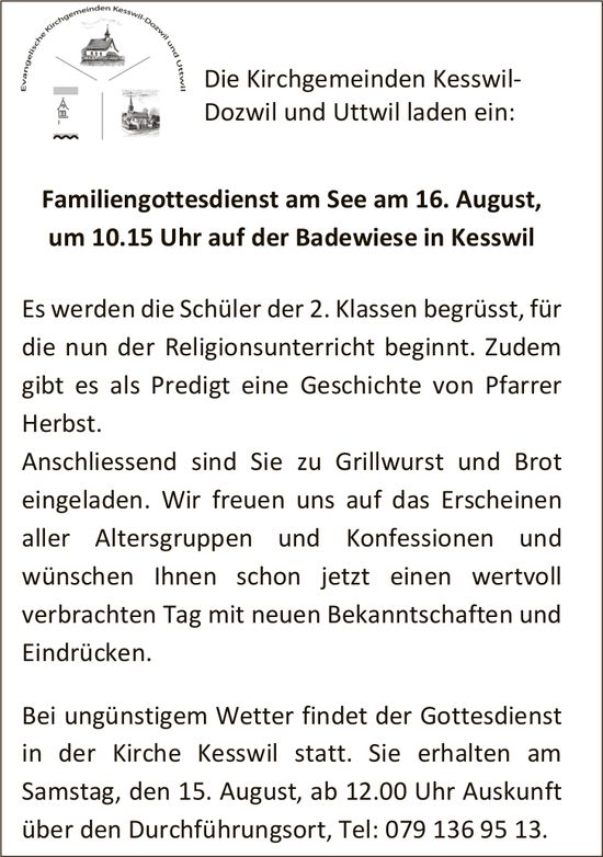 Familiengottesdienst am See, 16. August, Badewiese in Kesswil