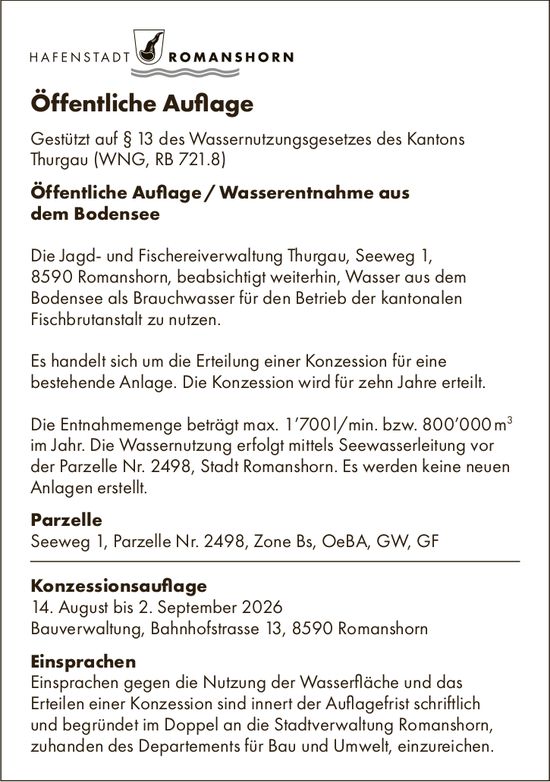 Sonstiges, HAFENSTADT ROMANSHORN, Öffentliche Auflage/Wasserentnahme aus dem Bodensee