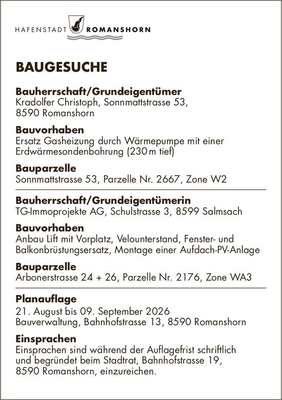 HAFENSTADT ROMANSHORN, 21. August bis 9. September 2026, BAUGESUCHE