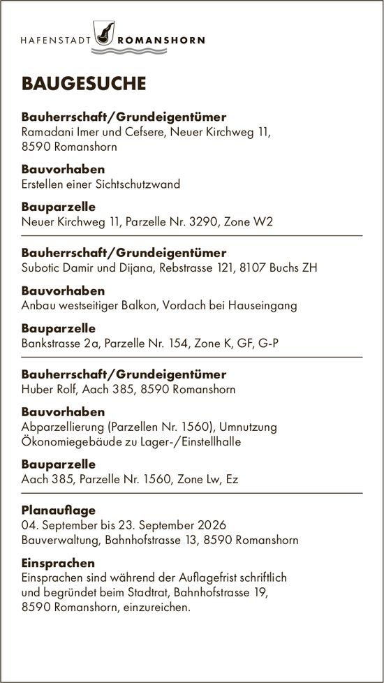 Hafenstadt Romanshorn, 4. September bis 23. September 2026, Baugesuche