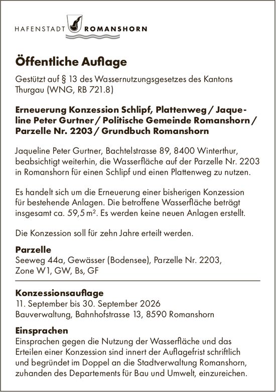Gemeinde, 11. September bis 30. September, HAFENSTADT ROMANSHORN, Öffentliche Auflage