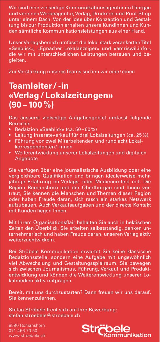 Ströbele Kommunikation, Romanshorn - Teamleiter/-in «Verlag / Lokalzeitungen» (90 – 100 %)
