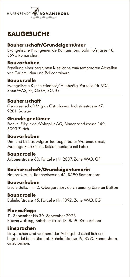Baugesuche, 11. September bis 30. September, HAFENSTADT ROMANSHORN, Bauherrschaft/Grundeigentümer