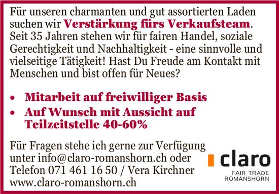 claro Fair Trade Romanshorn, Verstärkung fürs Verkaufsteam
