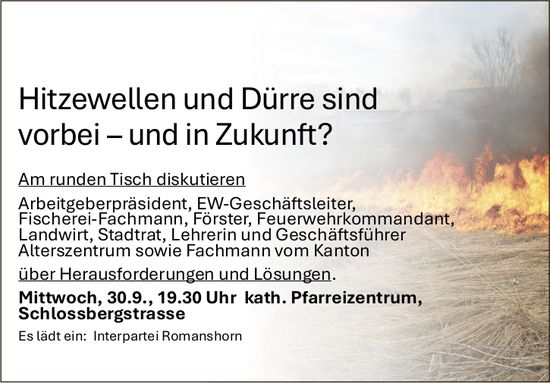 Hitzewellen und Dürre sind vorbei – und in Zukunft?, 30. September, kath. Pfarreizentrum