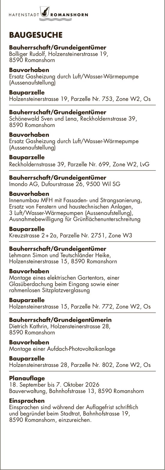Baugesuche, 18. September bis 7. Oktober 2026, Hafenstadt Romanshorn, Bauherrschaft/Grundeigentümer
