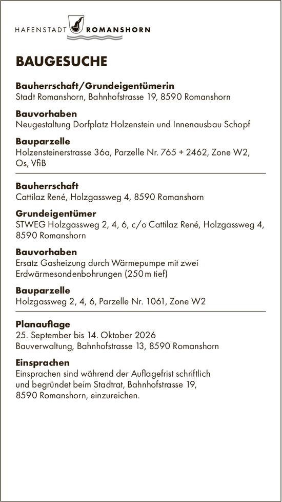 Baugesuche, 25. September bis 14. Oktober 2026, Hafenstadt Romanshorn, Bauherrschaft/Grundeigentümerin