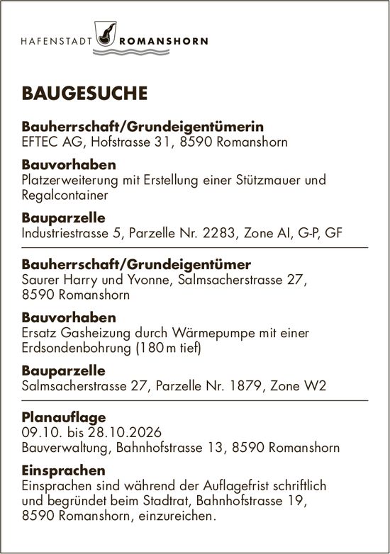 Baugesuche, 9. Oktober bis 28. Oktober 2026, Romanshorn - Bauherrschaft/Grundeigentümerin