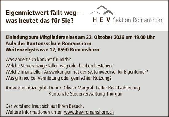 Eigenmietwert fällt weg – was bedeutet das für Sie?, 22. Oktober, Aula der Kantonsschule Romanshorn