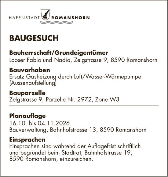 Baugesuche, 16. Oktober bis 4. November 2026, HAFENSTADT ROMANSHORN, Bauherrschaft/Grundeigentümer