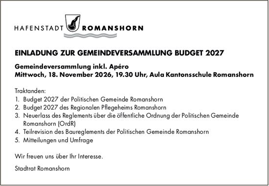 GEMEINDEVERSAMMLUNG BUDGET 2027, 18. November, Aula Kantonsschule Romanshorn