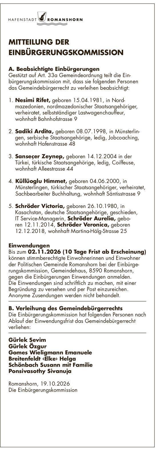 Sonstiges, HAFENSTADT ROMANSHORN, MITTEILUNG DER EINBÜRGERUNGSKOMMISSION