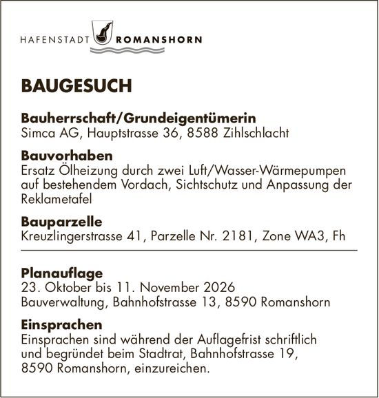 Baugesuche, 23. Oktober bis 11. November, HAFENSTADT ROMANSHORN, Bauherrschaft/Grundeigentümerin