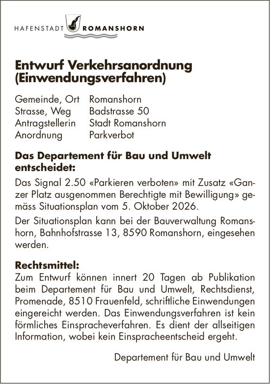 Verkehrsmassnahmen/ unterhaltsarbeiten, HAFENSTADT ROMANSHORN, Entwurf Verkehrsanordnung (Einwendungsverfahren)